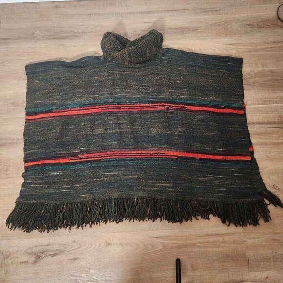 Striped Wool Poncho Fringe Boho Hippie Brown Red OS - Picture 7 of 12
